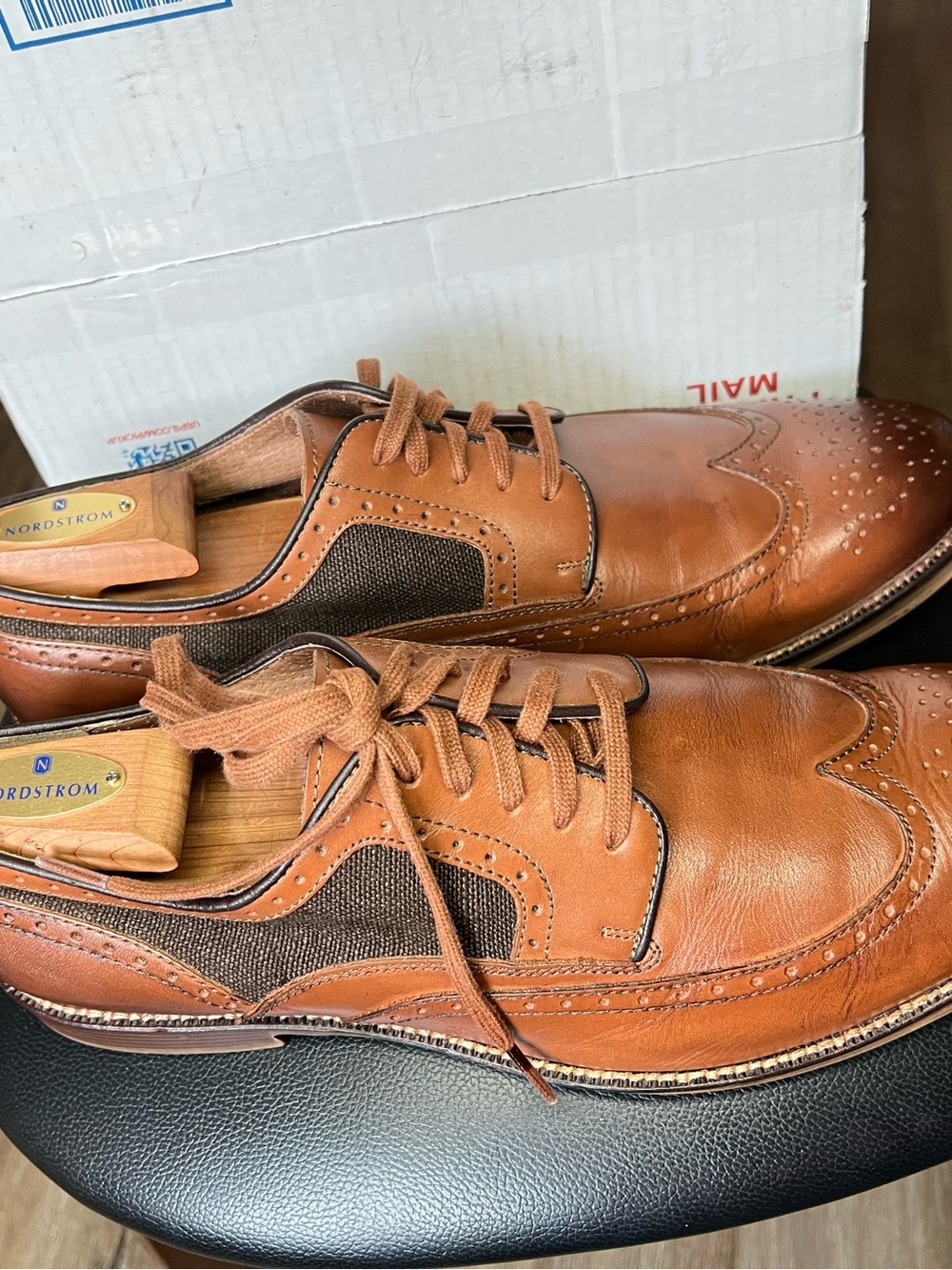 Johnston & Murphy 1850 Grayson Wingtip Oxford Mixed Media Tan Linen Men's 11.5 M